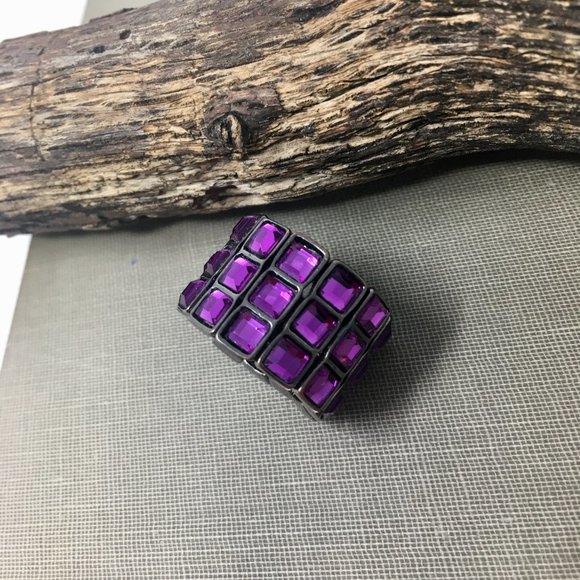 Expandable Purple Faceted Acrylic Tiny Square Pewter Tone Bar Wide Stretch Ring - Picture 7 of 16
